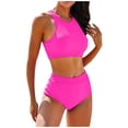 thumbnail image 2 of Women's Two Piece Swimsuit Set Solid Color Print Tank Top High Waist Bikini Bottom for Beach Pool Vacation,Hot Pink,S, 2 of 8