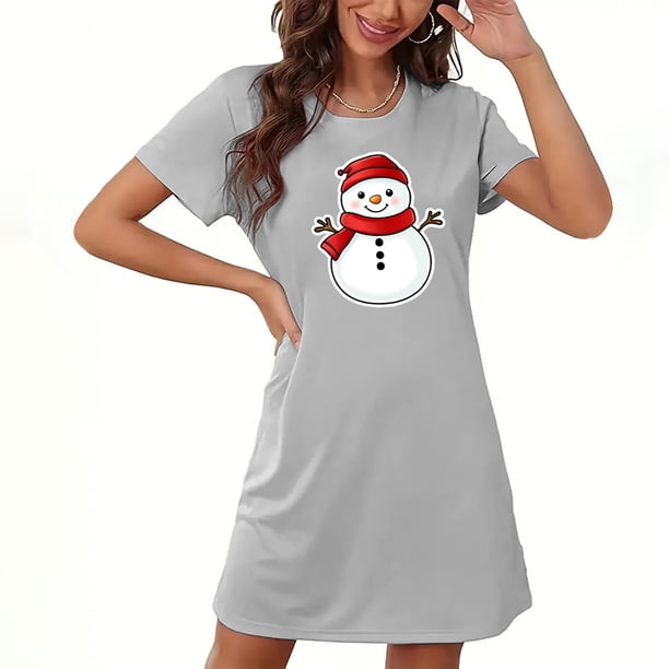 Camisón corto navideño para mujer, talla grande, cuello redondo, manga corta, estampado en el pecho, vestido de noche para mujer