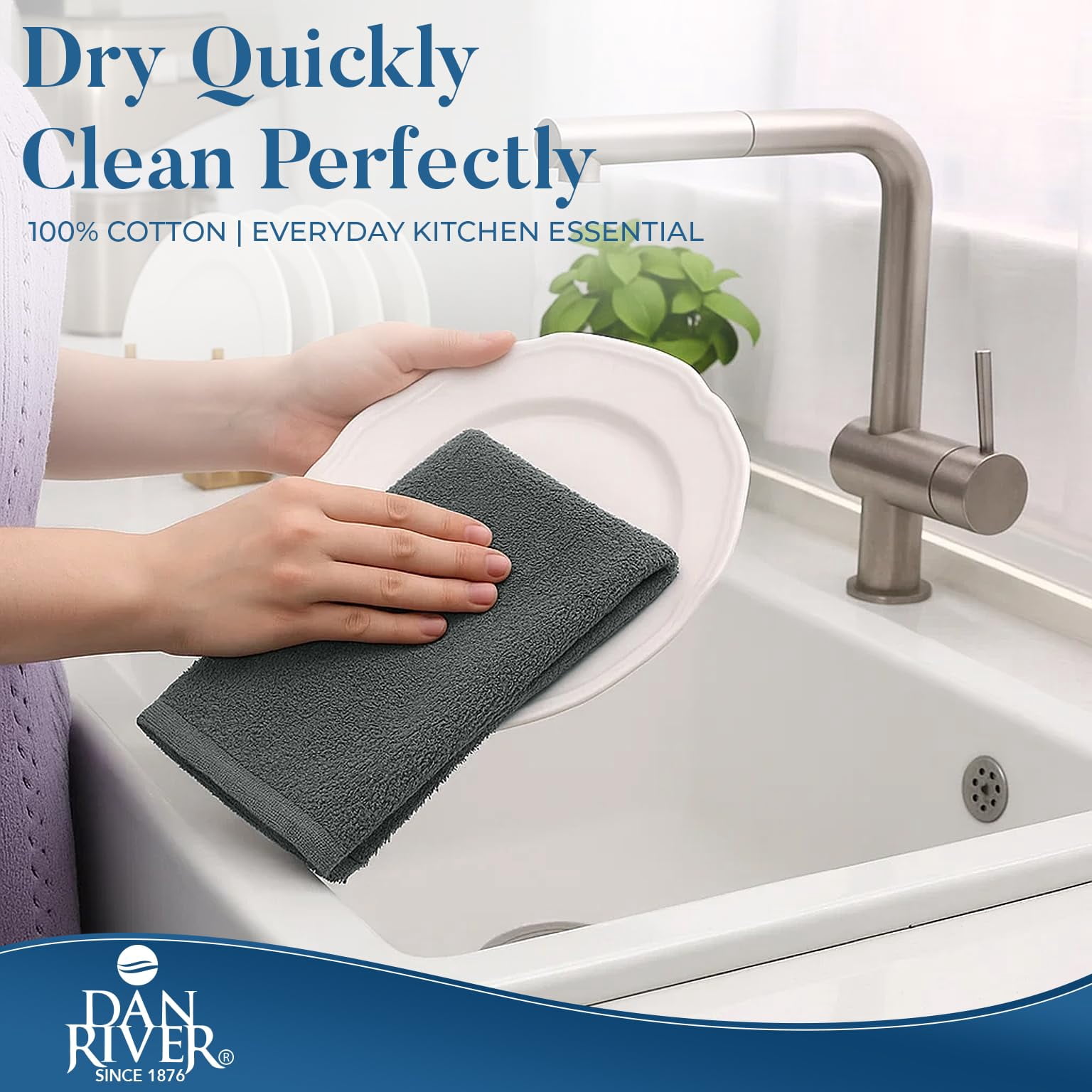 Dan River Bulk Cotton Bar Mop Kitchen Towels, Super Absorbent, Reusable Cleaning Cloths, Gray, 16x19 in (Pack of 12)