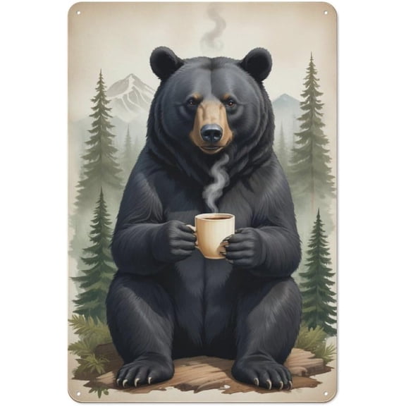 Rustic Mountain Bear Coffee Metal Tin Sign, Nature Inspired Cabin Lodge Lake House Wall Decor for Kitchen Garden Garage, 8 x 12 Inch