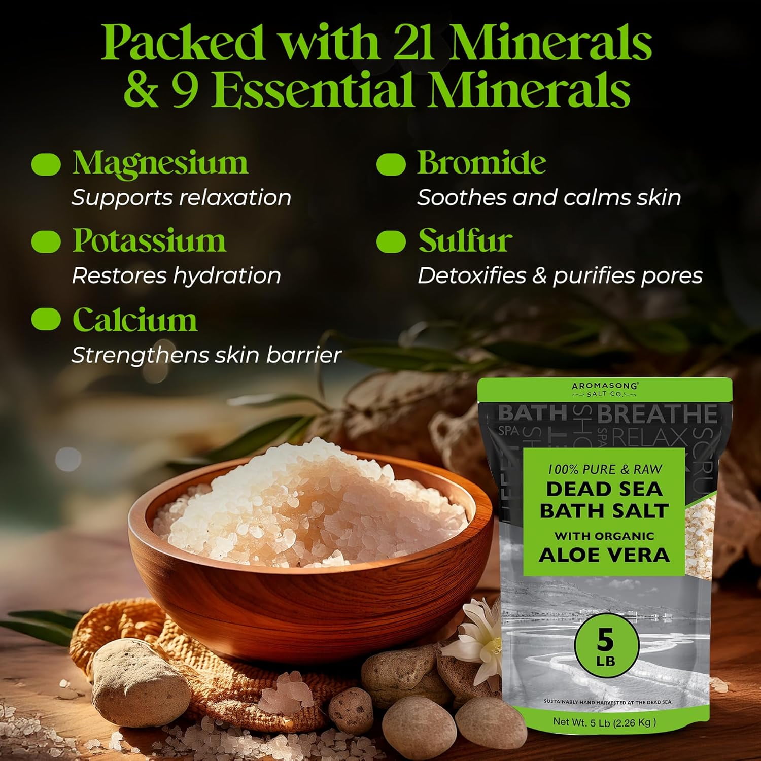 Aromasong Raw Dead Sea with Organic Aloe Vera Bath Salts, 5 lbs Bulk Pack