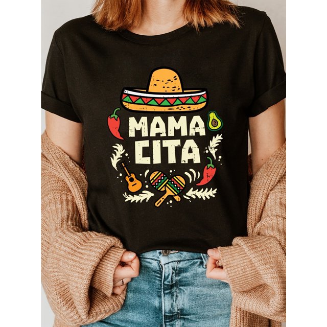 Mamacita Print Crew Neck T-shirt, Short Sleeve Casual Top For Summer & Spring, Women's Clothing