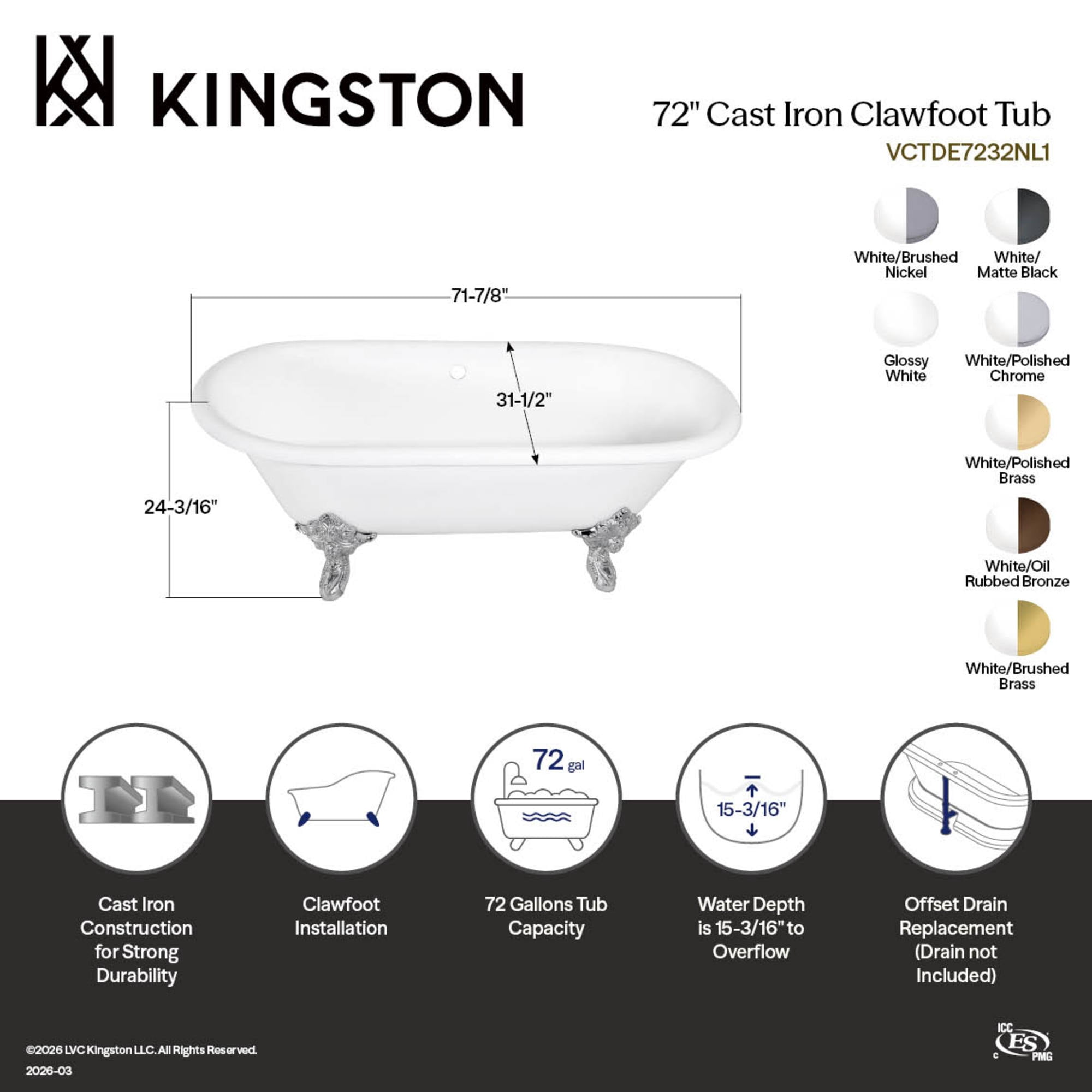 Aqua Eden VCTDE7232NL7 72-Inch Cast Iron Oval Double Ended Clawfoot Tub (No Faucet Drillings) in White/Brushed Brass