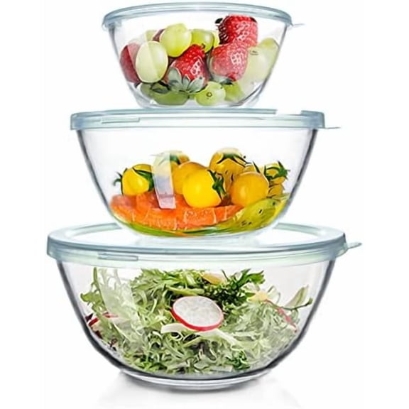 Glass Mixing Bowls Glass Bowls with Lids Set(4.5QT,2.7QT, 1.1QT),Large Salad Bowls,glass mixing bowl Space-Saving Nesting Storage bowls for Cooking,Baking,Prepping,Dishwasher Safe