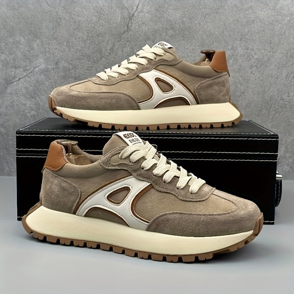 TE-Men's Chunky Platform Sneakers - with Beige/Brown/White/Black Color Options, Korean Streetwear Style, Thick-Soled Lace-Up/Slip-On Low-Top Shoes Cushioned Rubber Sole & -Season Traction for Skat S