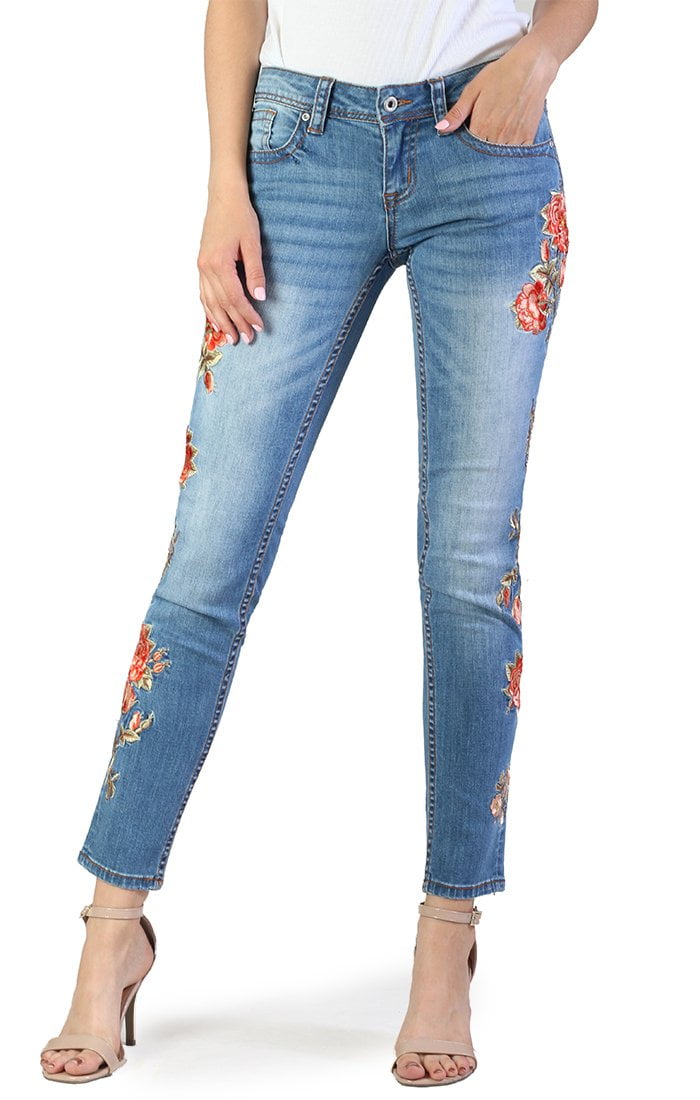 Grace in LA Women's Floral Embroidered Skinny Fit Stretch Jeans (25) Indigo  