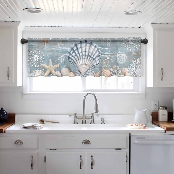 Blue Shell Coastal Valance Curtains for Kitchen/Living Room/Bathroom/Bedroom Window, Summer Beach Nautical Starfish Coral Rod Pocket Small Topper Half Short Window Curtains Voile Sheer Scarf 42"x12"