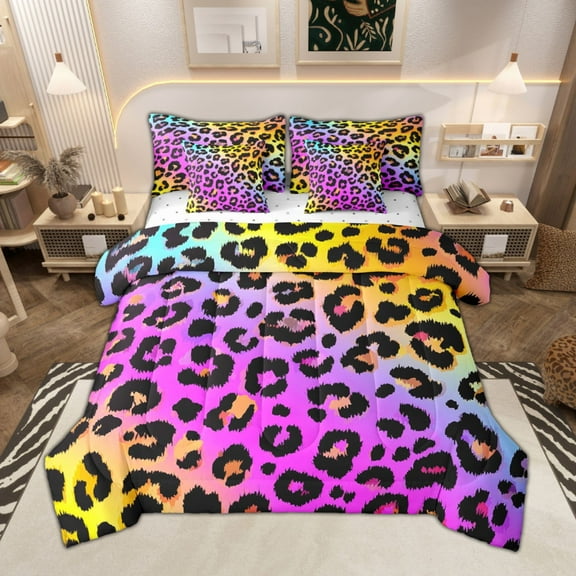 Manfei Pink Leopard Print Twin Bedding Sets for Girls, Rainbow Gradient Bedding Comforter Set, Cheetah Print Sheet Sets, Super Cozy Room Decor Reversible 7 Pieces
