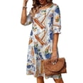 thumbnail image 1 of Vestido de Verano Floral Azul Impresión de Vacaciones de las Mujeres Suelto Cuello Redondo Vestido de Manga de Tres Cuartos, Manga de Puff Cambio Casual, 1 of 6