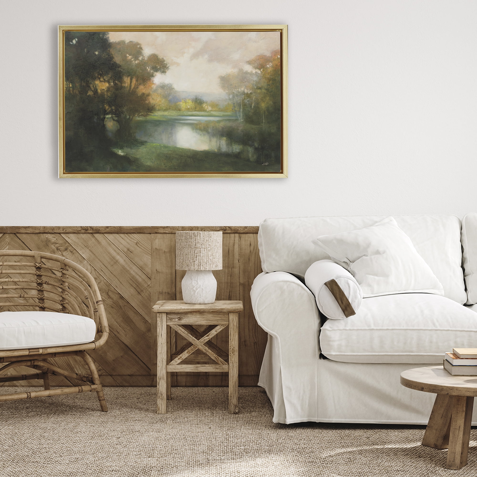 Stupell Industries Lakeside Morning in Autumn Light Gold Framed Floater Canvas Wall Art, design by Julia Purinton
