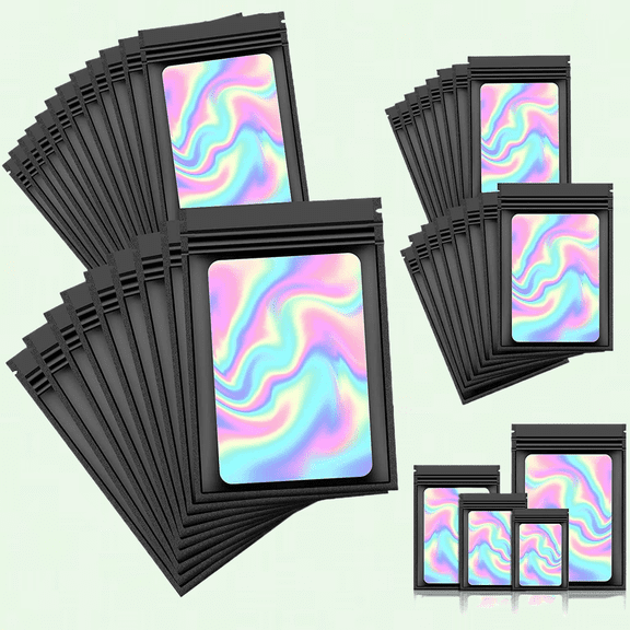 120 PCS Smell Proof Mylar Bags, Resealable Holographic Packaging Pouch with Clear Window, 4 Sizes (Black)