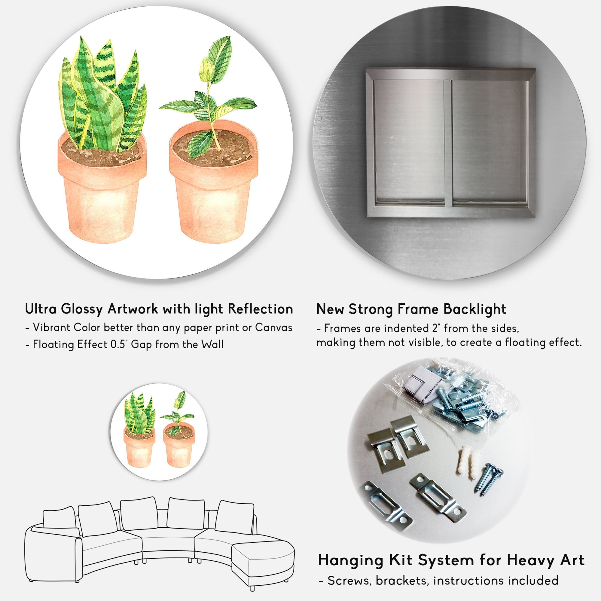 Designart 'Ficus and Sansevieria Indoor Green Home House Plants' Traditional Circle Metal Wall Art 23x23 - Disc of 23