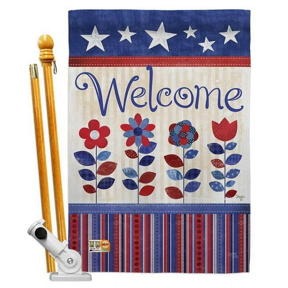 Breeze Decor BD-PA-HS-111056-IP-BO-D-US12-PL 28 x 40 in. Welcome Patriotic Americana Impressions Decorative Vertical Double Sided House Flag Set & Pole Bracket Hardware