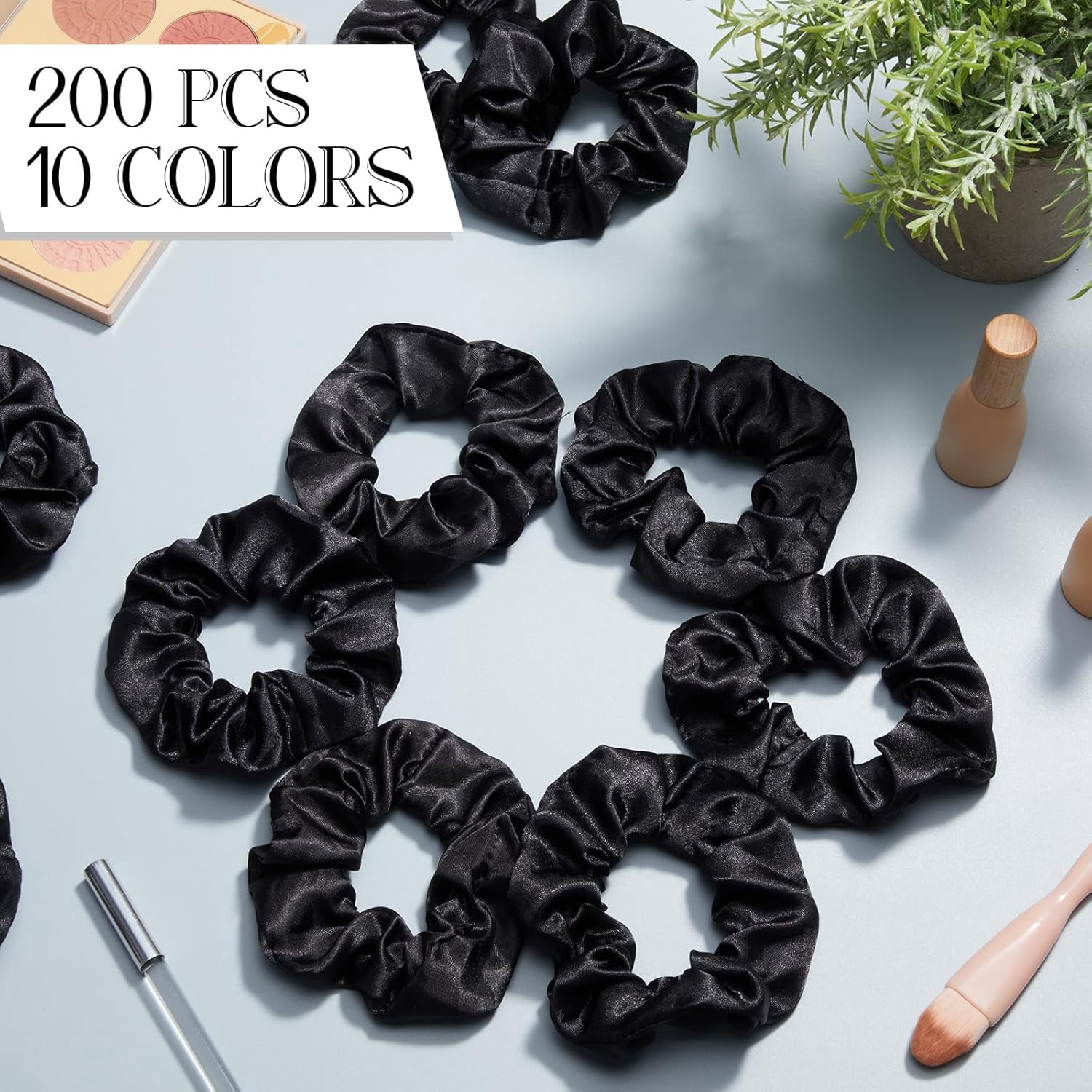200 Pieces Satin Hair Scrunchies Bulk for Ponytail Holder Solid Color Satin Hair Tie Hair Elastics Bands for Women Teens Birthday Gift(Black)