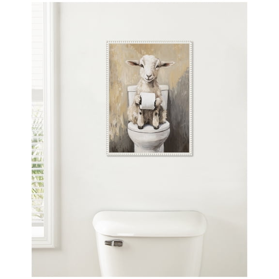 Kate and Laurel Goat Holding Toilet Paper Roll Toilet Bathroom Art Framed Canvas Wall Art by The Creative Bunch Studio 18 x 24 Sylvie Beaded White, Whimsical, Animals, Bathroom, Humor Art for Wall