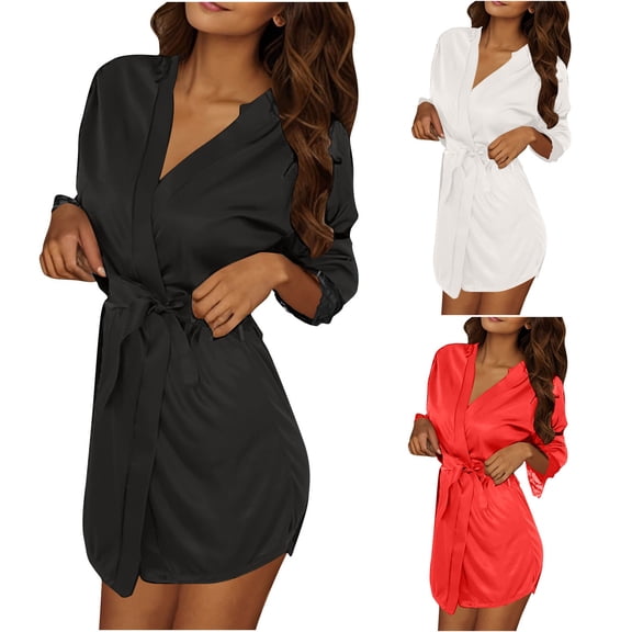 biudgviw 3PC Silk Robes for Women 3/4 Sleeve Lace Trim Short Bathrobes Soft V Neck Casual Lightweight Belted Loungewear