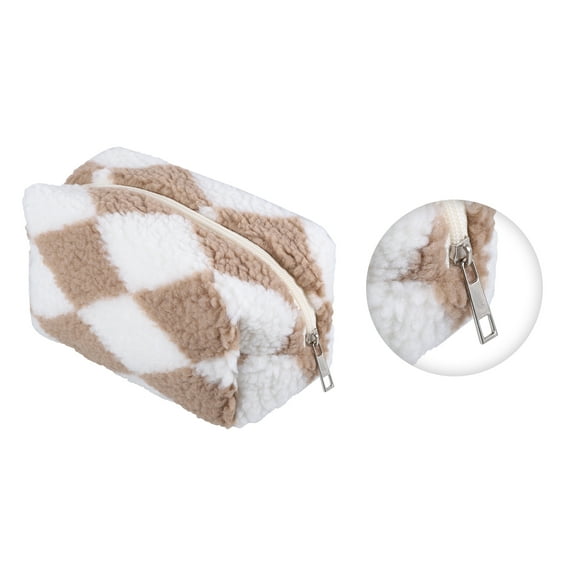 Vocoste Portable Cosmetic Bag Travel Makeup Bag Storage Bag Plaid Pattern Terry Cloth Khaki White