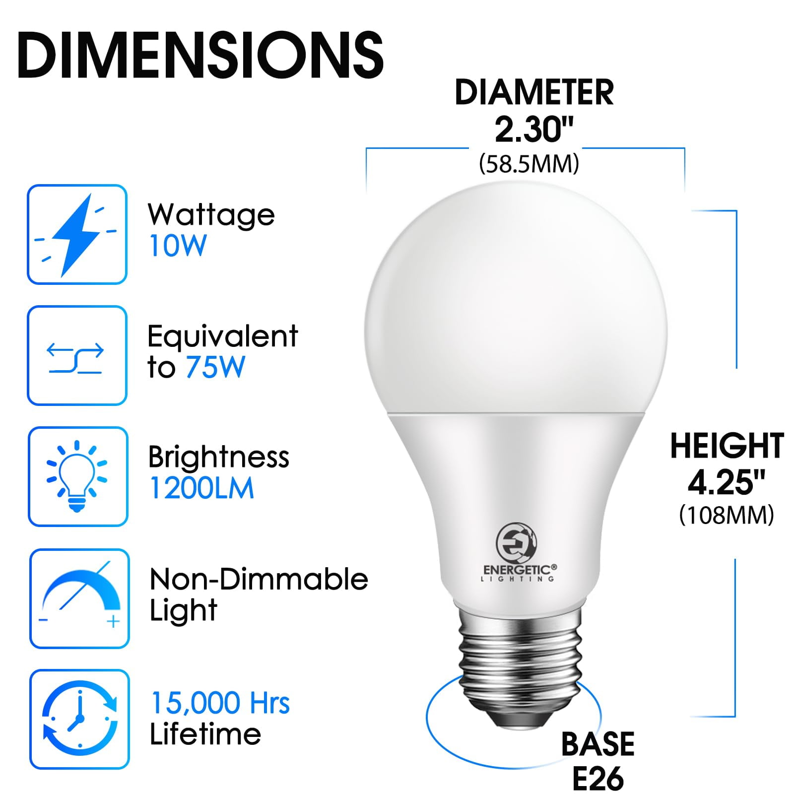 ENERGETIC A19 LED Light Bulb, 10 Watts(75W Equivalent), 5000K Daylight, 1200lm, UL Listed, E26 Base, 12 Pack