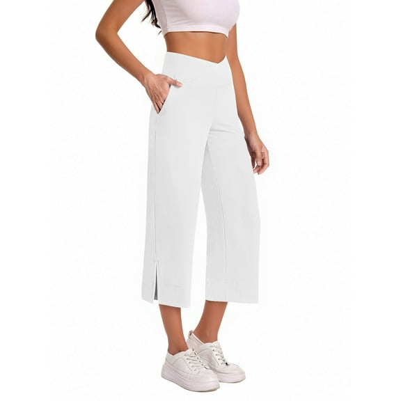 BLVB Womens Wide Leg Yoga Capri Pants Crossover Waist Loose Workout Athletic Capris Stretchy Lounge Trousers with Pockets