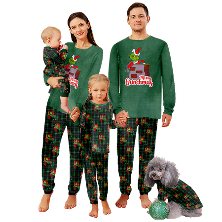 

FUNIER Matching Family Christmas Pajamas Sets The Grinch Plaid Printed Sizes Baby-Kids-Adult-Pet 2 Pieces Top and Pants Bodysuits Pajamas Sets