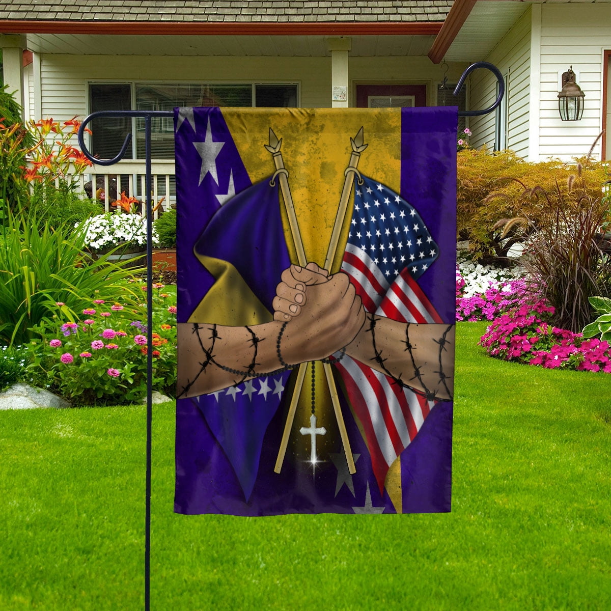 Flags Bosnian Handshake American Flag Friendship USA Bosnia And Herzegovina Bosnian Part House Flag, Double-Sided Decorative Outdoor Flag, Polyester Yard Flag 29.5 x 39.5 in
