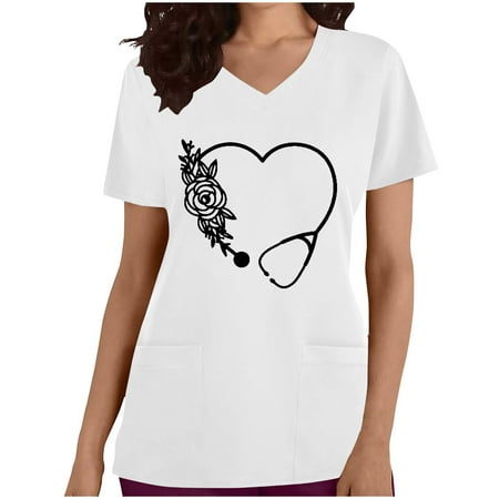 

LWZWM Women s V Neck Medical Scrub Tops Short Sleeve T Shirt Nurses Day Tops Pocket Tee Gifts for Nurses White M