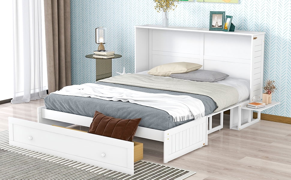 Euroco Queen Size Murphy Bed with Shelf and Drawers, Convertible into a Cabinet with USB Charging Station for Adult Living Room, Easy Open and Close