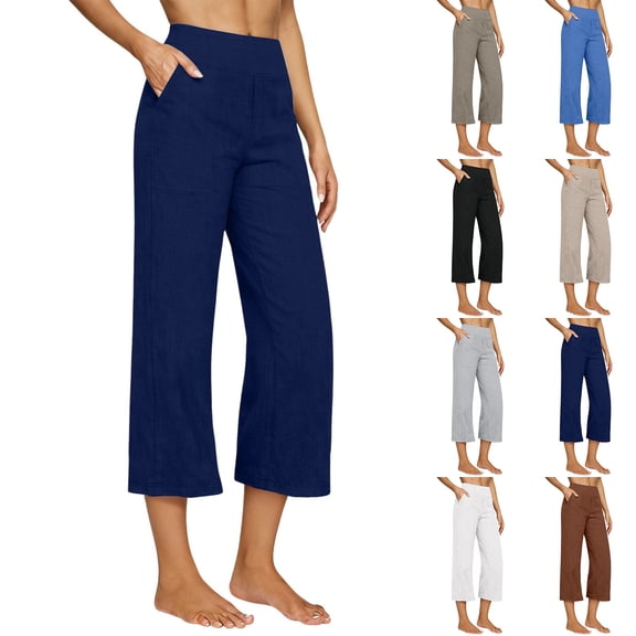 Linen Capri Pants for Women 2026 Summer Plus Size Elastic High Waist Wide Leg Capris Casual Loose Beach Cropped Trousers Navy M