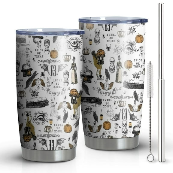 20oz Tumblers White Halloween Pumpkin Bat Pattern Stainless Steel Vacuum Insulated Double Wall Travel Tumbler Cups Mug with Lid and Straw,Cleaning Brush for Cold & Hot Drinks