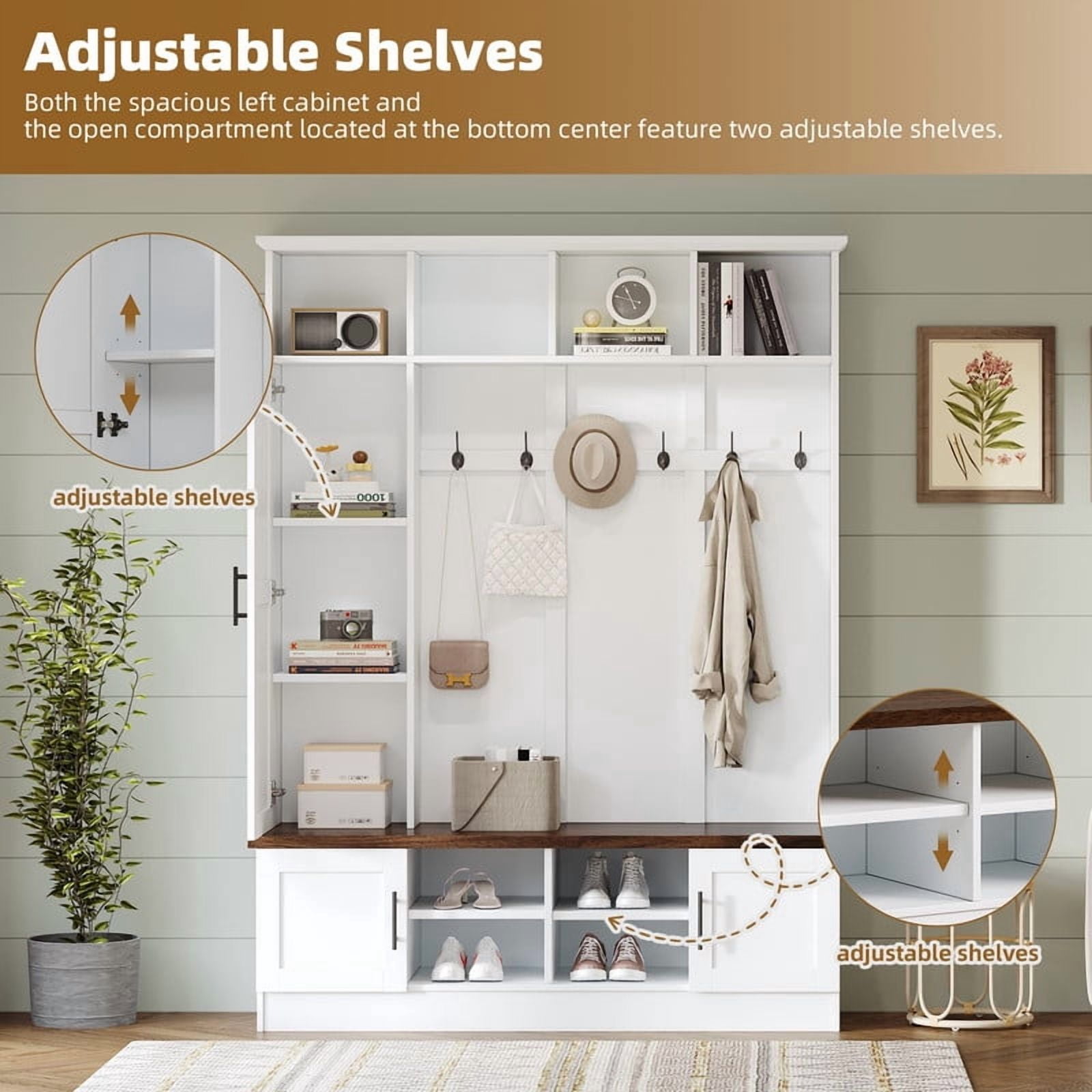 Farmhouse 3-in-1 Hall Tree with 6 Hooks, Entryway Coat Rack with Adjustable Shelves, Versatile Shoe Storage Bench with Open Cubbies