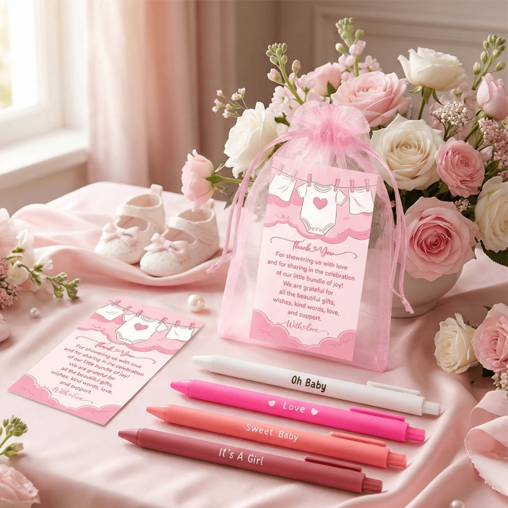 50 Sets Party Favors Gift Set with Ballpoint Pens Thank You Cards and Organza Bags, Bulk Guest Souvenirs for Gender Reveal Baby Shower Wedding Birthday Corporate Events Appreciation Gifts