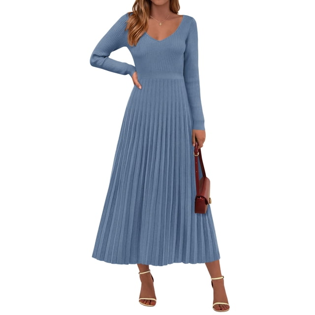 Vestido PRETTYGARDEN Suéter Plisado Cuello en V Maxi Azul Polvoriento XXL