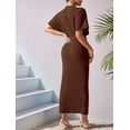 thumbnail image 5 of Womens Metallic Faux Wrap Cocktail Dress Solid Color V-Neck Pleated High Slit Short Sleeve Midi Dress Coffee Color L, 5 of 9