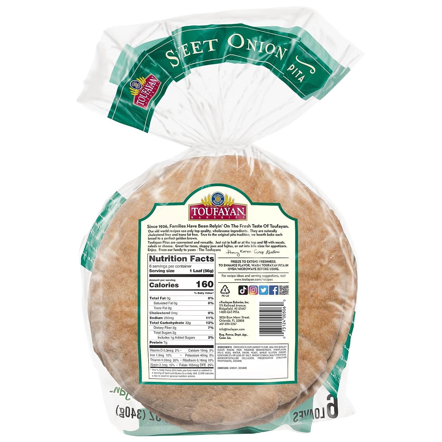 Sweet Onion Pita Bread | Vegan | Cholesterol | Kosher, Pita , Soy , Breakfast Pastry, ly baked (3 Pack, 18 Pitas Total) - 36oz