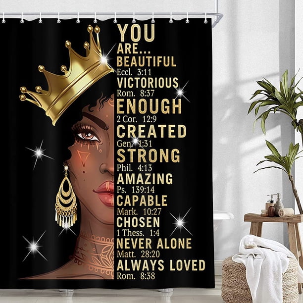 Black Girl Shower Curtain for Bathroom, African American Afro Black Woman Motivational