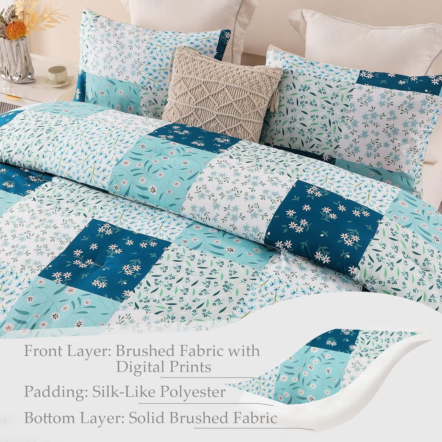 Whale Flotilla 3-Piece King Comforter Set, Soft Reversible Bedding Comforter Sets, Patchwork Printed Down Alternative Comforter Duvet for All Seasons, Blue