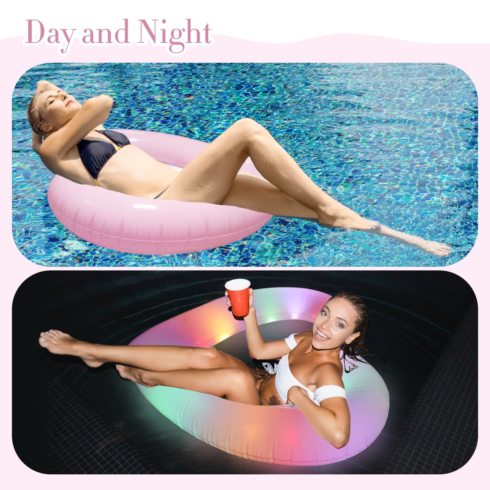 RoamReady 2 Pcs 47'' Heart Inflatable Pool Floats, LED Lighted Swim Rings for Adults Summer Beach Water Party Toys