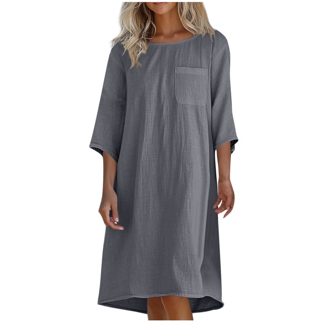 Liquidation d'Été 2025! Robe Grande Taille pour Femmes, Liquidation de Robe d'Été pour Femmes, Mode Décontractée d'Été pour Femmes Col Rond Manches 3/4 Robes de Plage Unies avec Poches