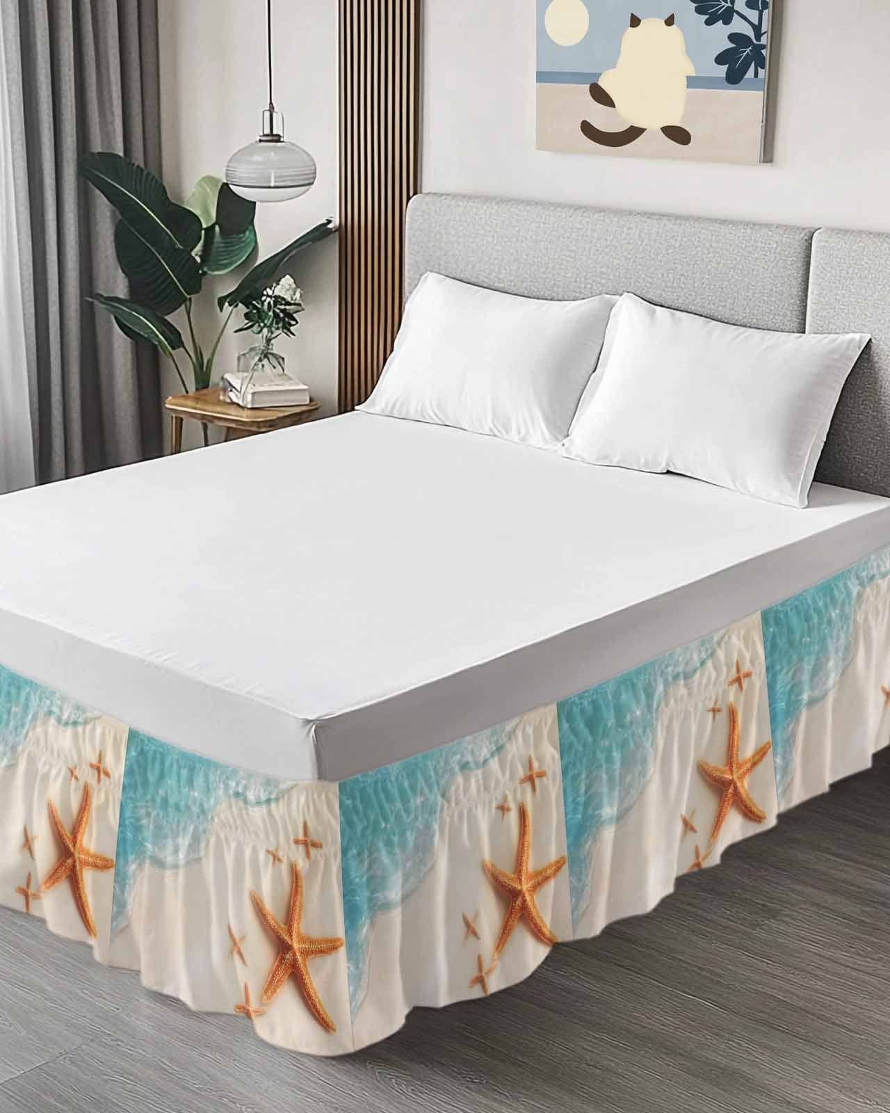 Ocean Beach Bed Skirt King Size 18" Drop Coastal Starfish Summer Nautical Ruffled Wrap Around Bed Skirts Adjustable Elastic Bedskirt Dust Ruffle for King Size Bed