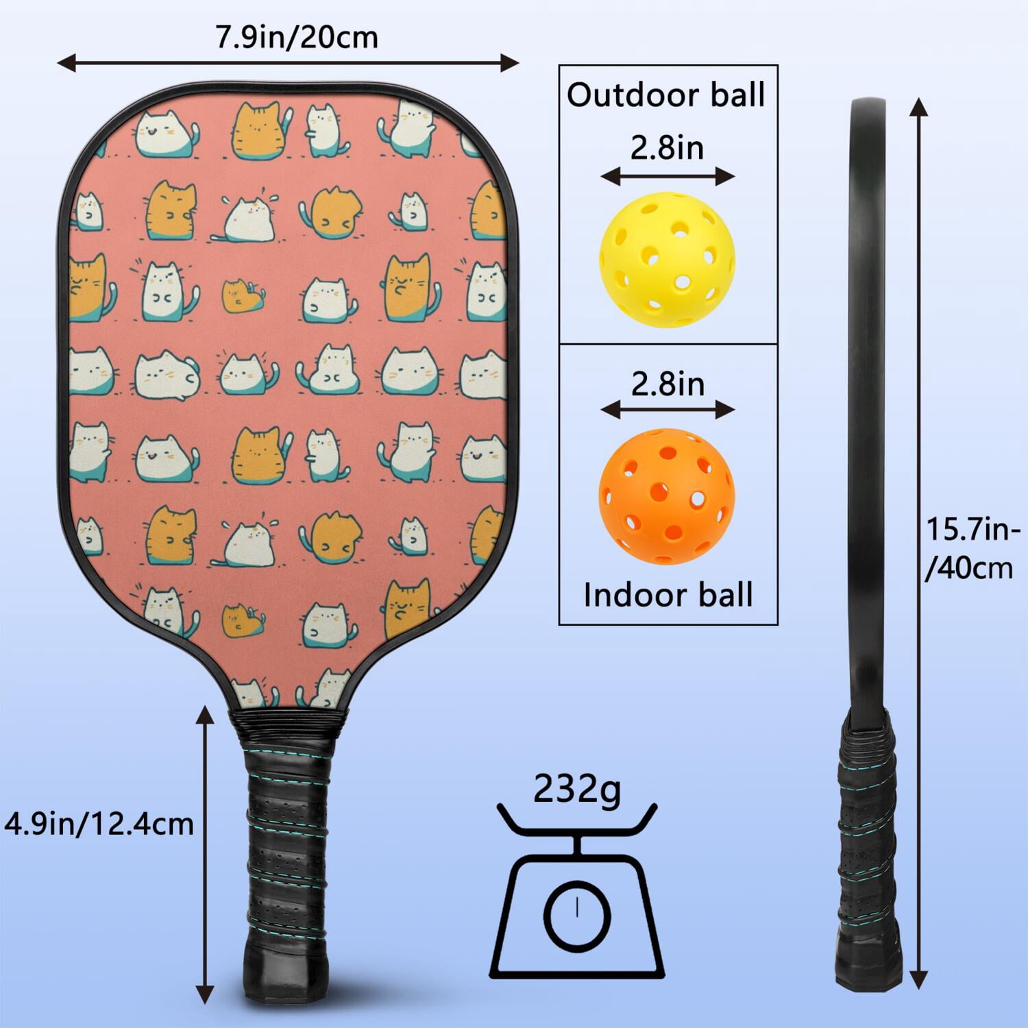 Pickleball Paddles Set Of 1, Fiberglass Surface, Cats & Dogs Print, 1 Paddle, 2 Balls & Bag