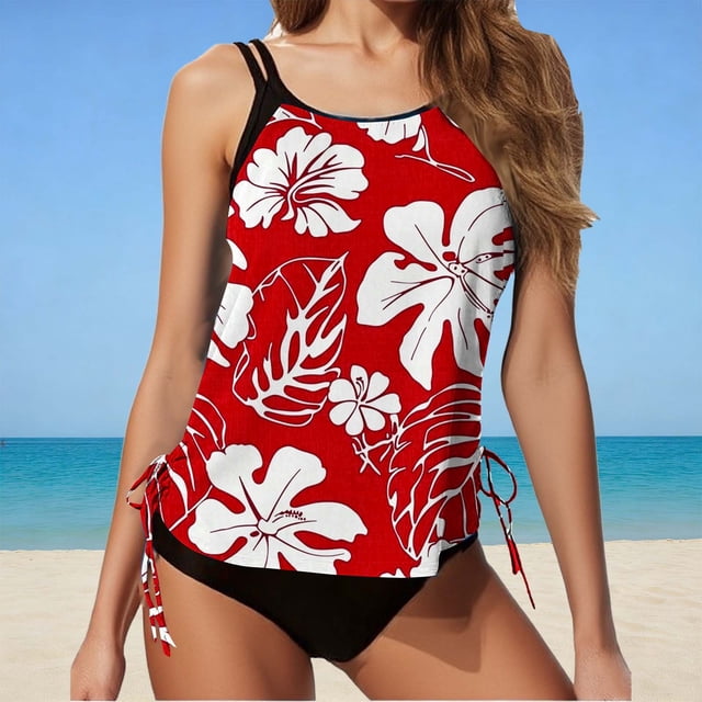 Traje de baño de 2 piezas para mujer, trajes de baño para mujer, bikini de top tipo jersey estampado y braguita, bikini suelto con cordón ajustable, conjunto de bikini de poliéster para mujer