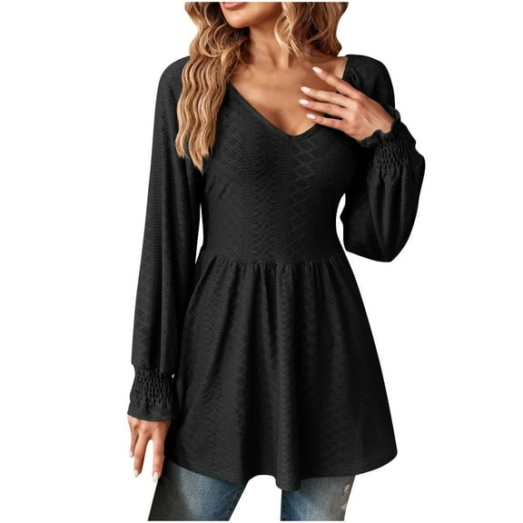 IROINNID On Sale Women's Long Sleeve V-Neck Shirts Comfortable Solid Color V-Neck Pleated Long Sleeve Loose T-shirt Top,Black