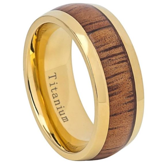 Custom Personalized Engraving Wedding Band Ring Set for Him & Her Titanium Band 8mm Yellow IP Domed Titanium Ring with Hawaiian Koa Inlay