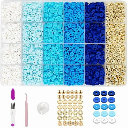 Blue Clay Bead Bracelet Kit,Flat Clay Beads and Gold Spacer Beads for Jewelry Making, Friendship Bracelet Beads Kit