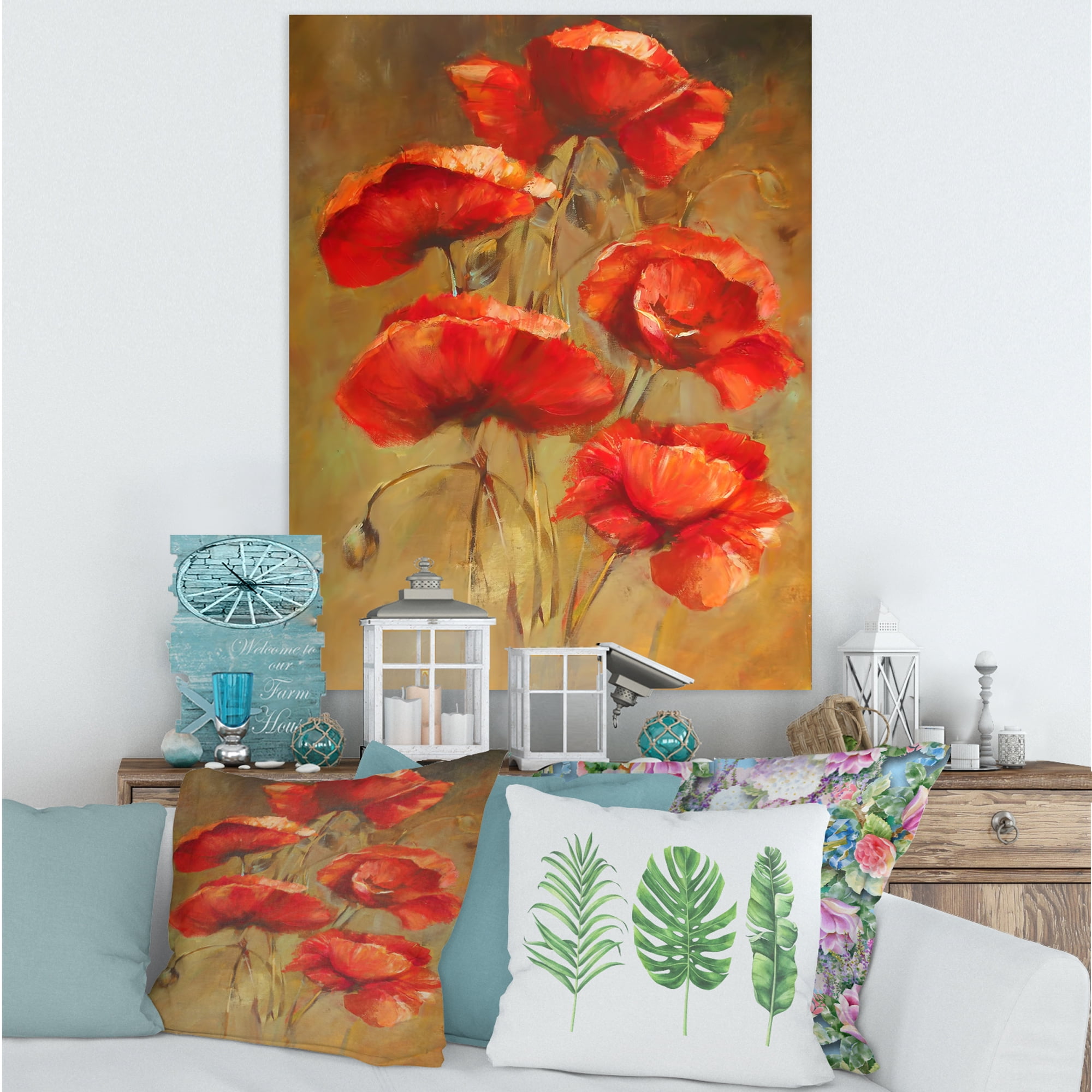 Designart ' Blooming Vintage Poppies I ' Traditional Canvas Wall Art Print