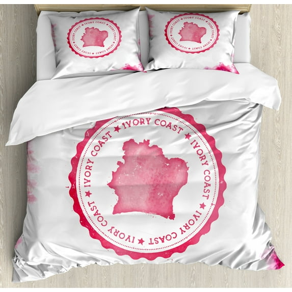 Ivory Coast Duvet Cover Set King Size, Cote D'Ivoire Stamp Like Design with Map and Watercolor Stains, Decorative 3 Piece Bedding Set with 2 Pillow Shams, Pastel Pink Dark Pink, by Ambesonne