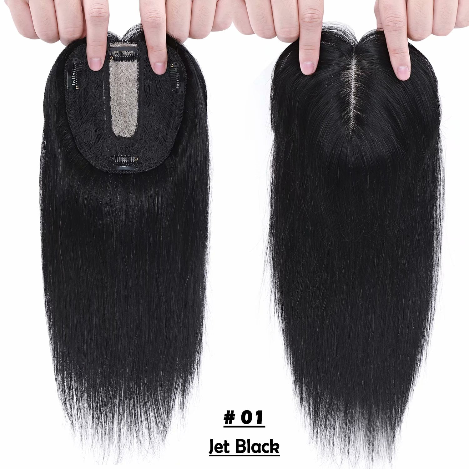 Benehair Women's Hairpieces Silk Base Clip In Topper Toupee Hairpiece With Bangs Hair Loss Black Seamless
