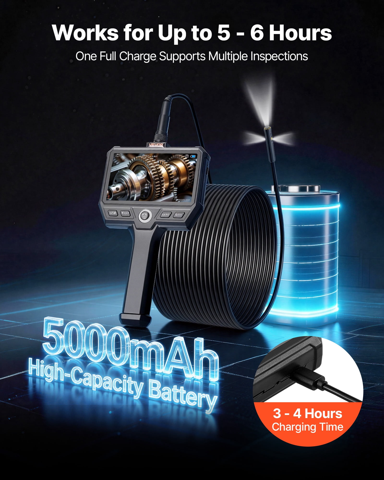 VEVOR Triple Lens Endoscope with 32.8FT Newly Ultra-Rigid Cable, Industrial Borescope with Light, 5" HD IPS Screen, 8 + 2 Lights, 8X Zoom, 5000mAh, IP67 Waterproof Snake Camera for Auto, Plumbing