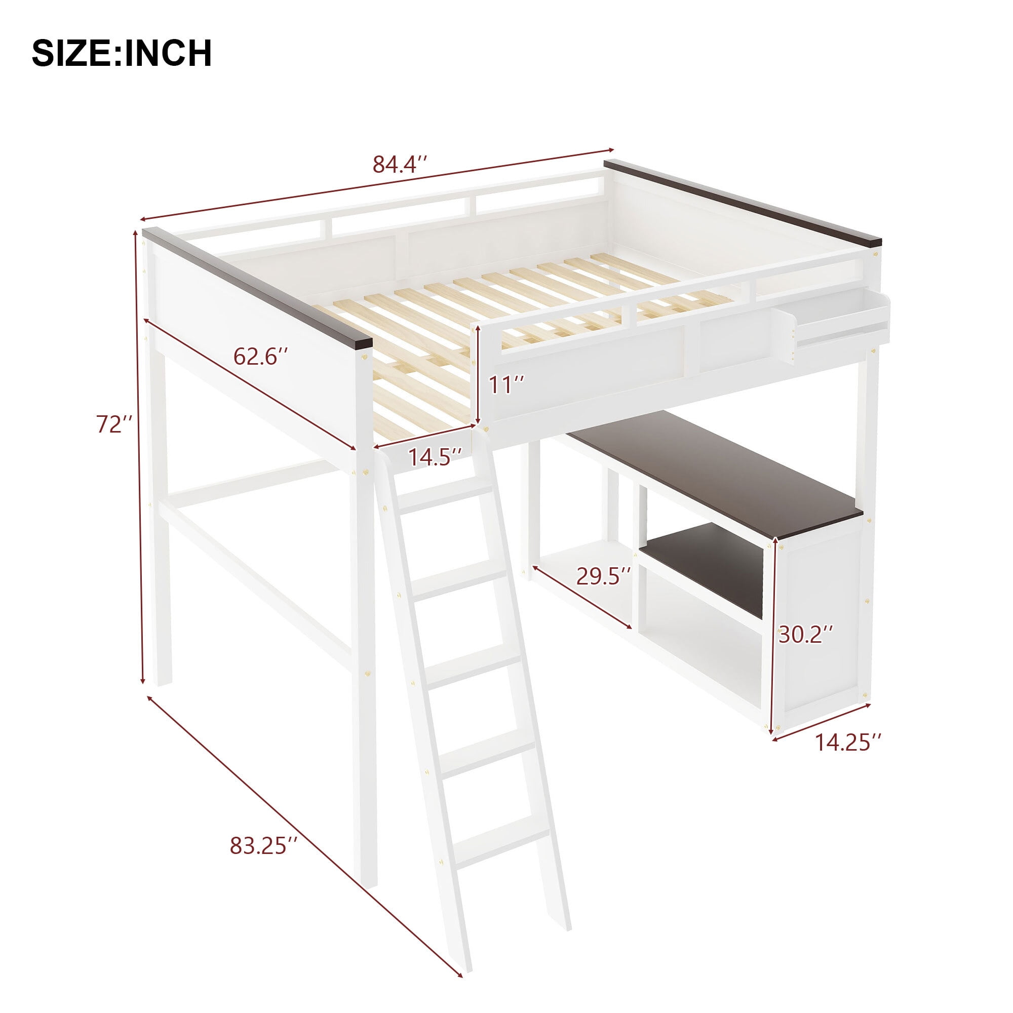 Euroco Solid Wood Queen Size Loft Bed with Built-in Desk & Shelves, USB Charging Station – Space-Saving Study Bed for Adults & Teens
