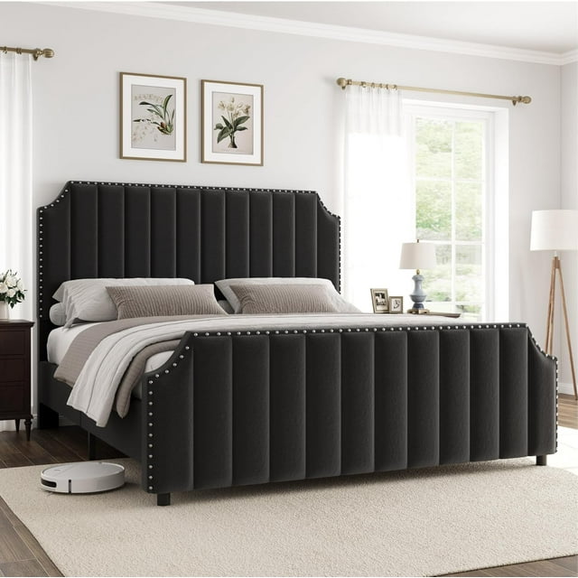 Platform Metal Bed Frame with Upholstered Headboard, Velvet Upholstered Bed Frame King/Queen with Vertical Channel Tufted Headboard & Footboard, Nailhead Trim, No Box Spring Needed